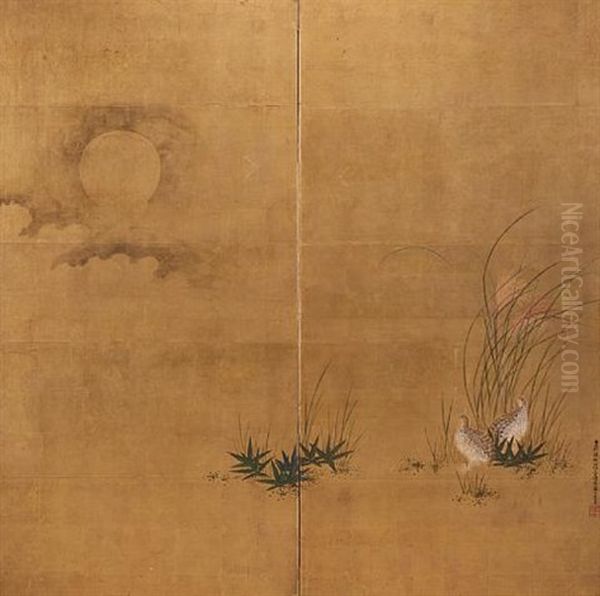 Quails In Grasses Under A Moon Oil Painting by  Mitsusada (Tosa Shigematsu)