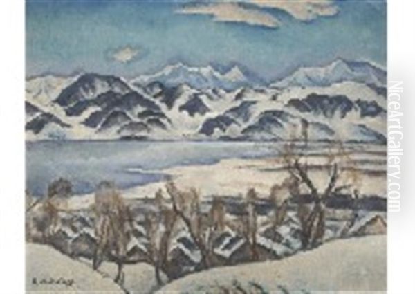 Suwa Lake Oil Painting by Kunishiro Mitsutani