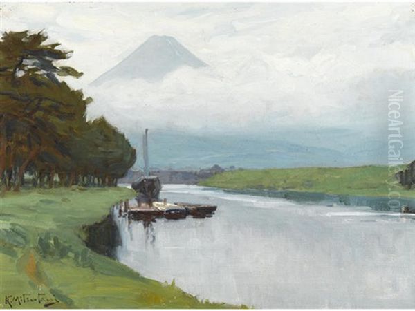 Lake Below Mount Fuji Oil Painting by Kunishiro Mitsutani