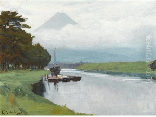 Lake Below Mount Fuji Oil Painting by Kunishiro Mitsutani