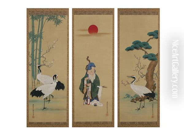 Long Life And Happiness (triptych) Oil Painting by Tosa Mitsuyoshi