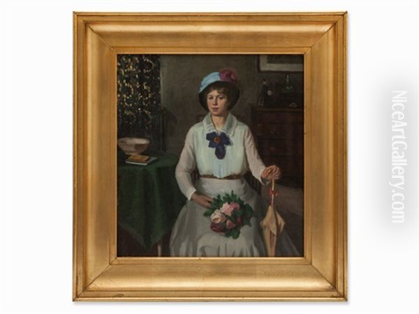 Lady With A Bunch Of Roses Oil Painting by Heinrich Mittag