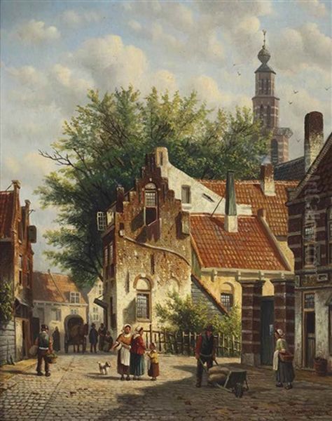 Townsfolk In A Sunlit Street Oil Painting by Johannes Jacobus Mittertreiner