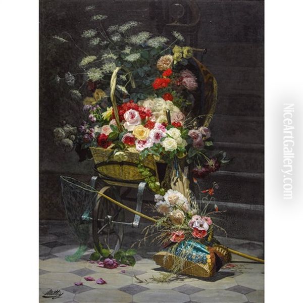 Blumenwagen Mit Uppigem Rosenbouquet Oil Painting by Joseph Mittey