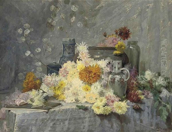 Chrysanthemums And Pottery Oil Painting by Joseph Mittey