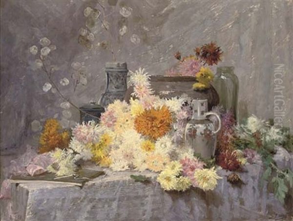 Chrysanthemums And Pottery On A Draped Table Oil Painting by Joseph Mittey