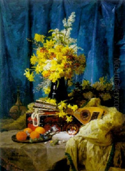 A Mandolin Among Daffodils And Lilacs Oil Painting by Joseph Mittey