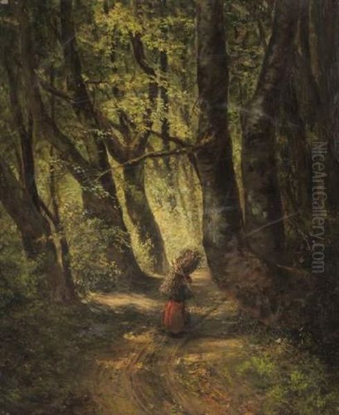 Femme Au Fagot De Bois Dans Une Foret Oil Painting by Grigorij Grigorevic Mjasoedov