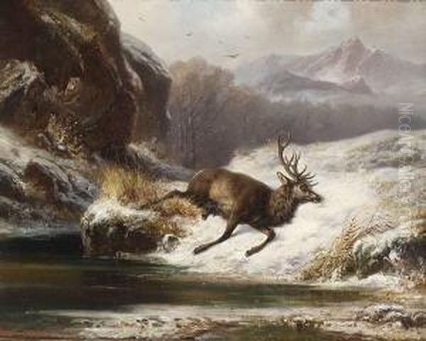 Erlegter Hirsch Im Schnee. Oil Painting by Carl Beyer