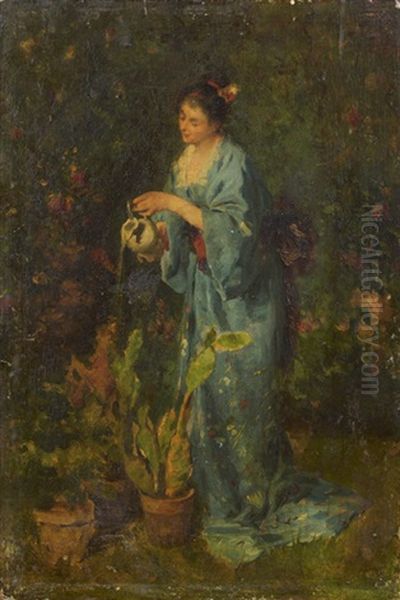 Jeune Femme En Costume Japonais Arrosant Des Fleurs Oil Painting by Andre (Count) de Mniszek