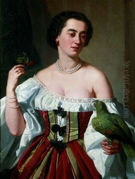 Portrait De Jeune Femme Au Perroquet Oil Painting by Andre (Count) de Mniszek