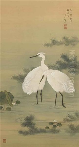 Two Herons In A Stream With Lotus Oil Painting by Gyokusen Mochizuki