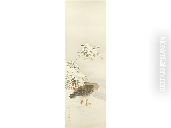 A Wild Goose Preening Its Plumage Beside Snow-laden Branches Of Yabukoji (coral Berry) Oil Painting by Gyokusen Mochizuki