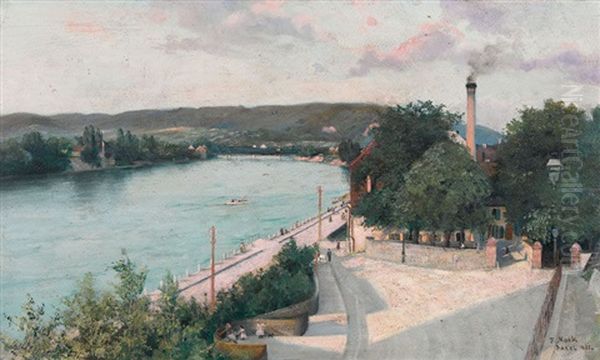 Rheinufer In Basel Im Abendrot Oil Painting by Fritz Mock