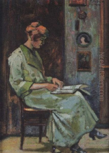 Interieur Mit Lesender Frau Auf Einem Stuhl by Fritz Mock