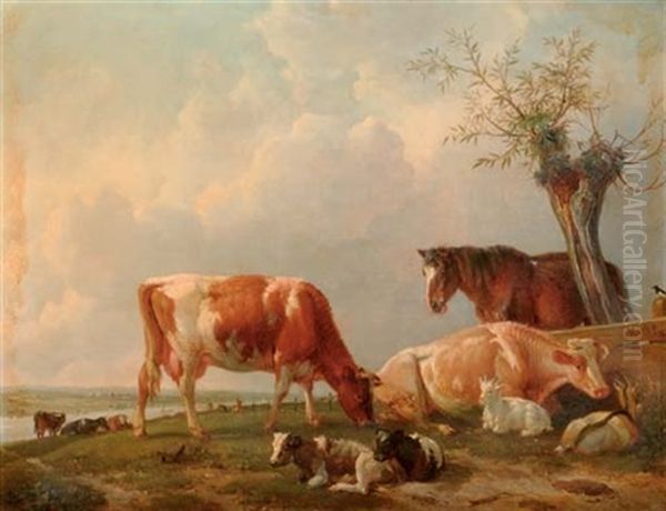 Spring: Cattle Resting By A River Oil Painting by Johannes Mock