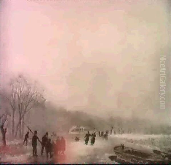 Figures On A Frozen River Oil Painting by Johannes Mock