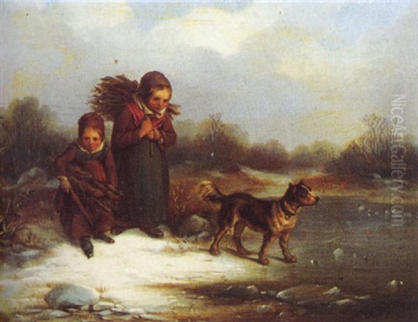 Holz Sammelnde Kinder Im Winter Mit Hund Oil Painting by Elisabeth Modell