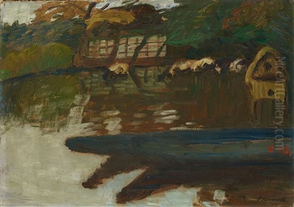 Herbst An Der Wumme Mit Booten, Entenhaus, Kuhen Und Wilkens Scheune Oil Painting by Otto Modersohn