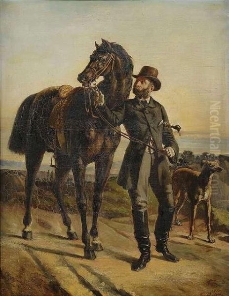 Portrait Of Agentleman Rider With His Black Horse And A Sighthound In Front Of Alandscape. Oil Painting by Eugene Beyer