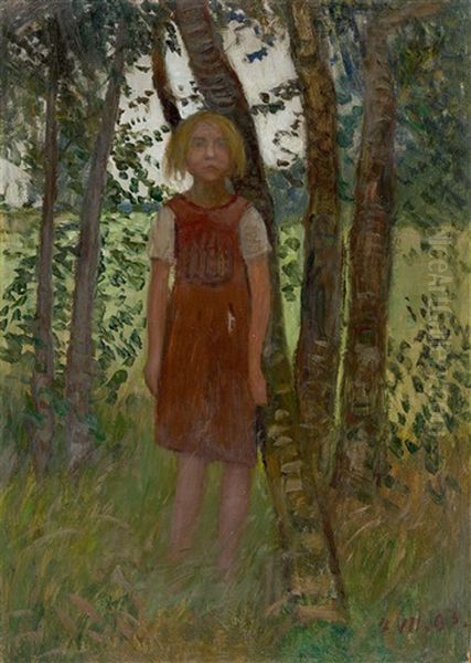 Madchen Am Birkenstamm Oil Painting by Otto Modersohn