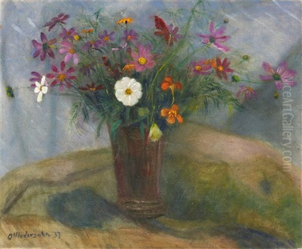 Blumenstraus In Roter Vase Mit Weiser Herbstanemone Oil Painting by Otto Modersohn