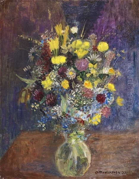 Blumen Vor Blaugetontem Grund Oil Painting by Otto Modersohn