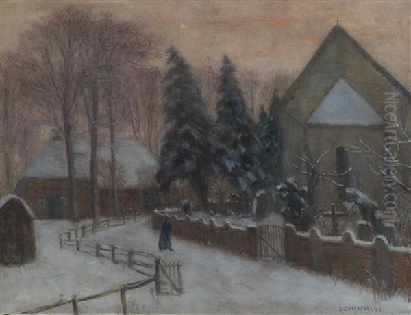 Winterabend, Fischerhuder Kirche Mit Heimathaus Oil Painting by Otto Modersohn