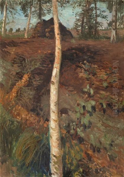 Landschaft Mit Birkenstamm Oil Painting by Otto Modersohn