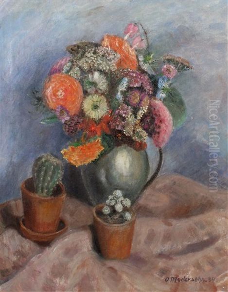 Stillleben Mit Sommerblumen In Einer Henkelvase Und Zwei Kakteen In Terrakottatopfen Oil Painting by Otto Modersohn