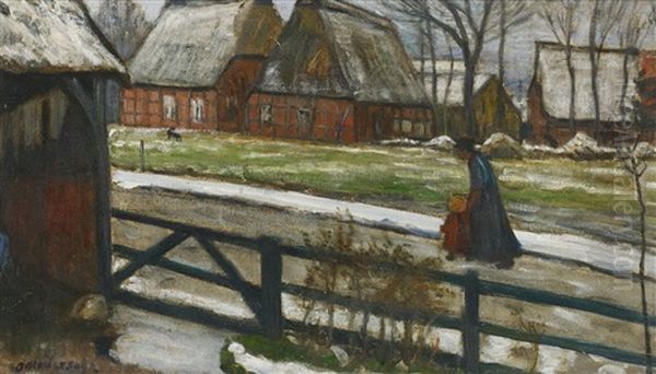 Fischerhuder Dorfstrase Im Winter. Verso: Felder Im Fruhjahr Oil Painting by Otto Modersohn