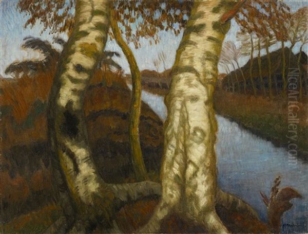 Birken Am Moorkanal. Verso: Dorfstrase In Fischerhude Oil Painting by Otto Modersohn