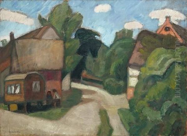 Dorfstrasse Mit Grossem Wagen (+ Composition, Verso) Oil Painting by Otto Modersohn