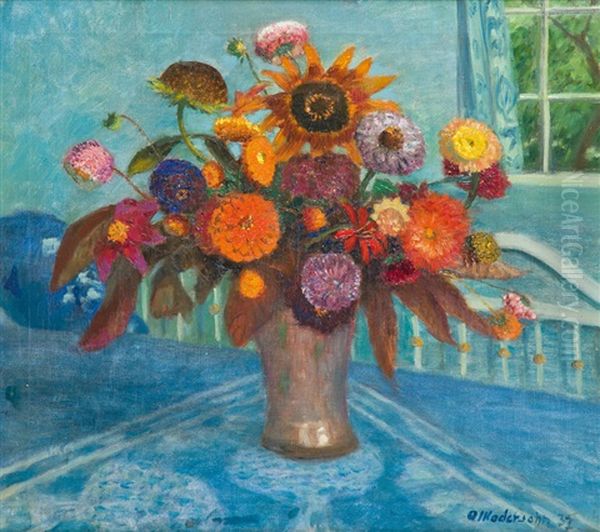 Herbstblumenstraus Auf Blauer Decke Oil Painting by Otto Modersohn