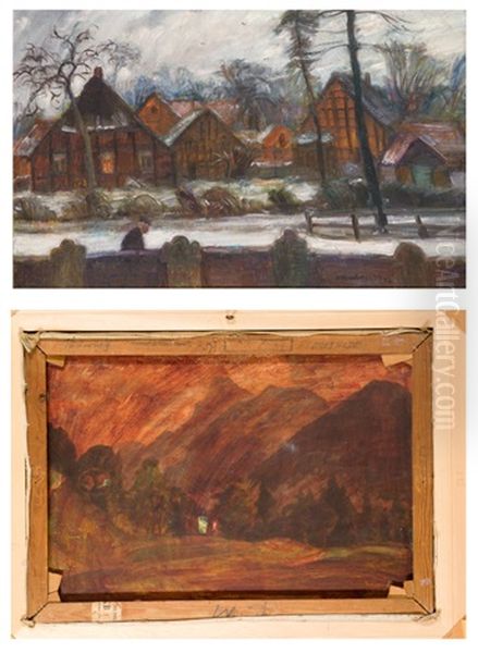 Wintertag - Blick Uber Die Fischerhuder Kirchhofsmauer (+ Landschaft Aus Dem Allgau, Verso) Oil Painting by Otto Modersohn