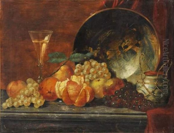 Nature Morte Aux Raisins, Oranges Et Ceramiques Japonaises Oil Painting by Karl Beyer