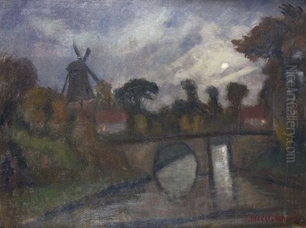 Mondnacht Mit Brucke Und Muhle Oil Painting by Otto Modersohn