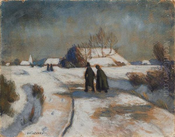 Winterlandschaft Mit Kirchgangern (+ 2 Pastel Sketches, Verso) Oil Painting by Otto Modersohn