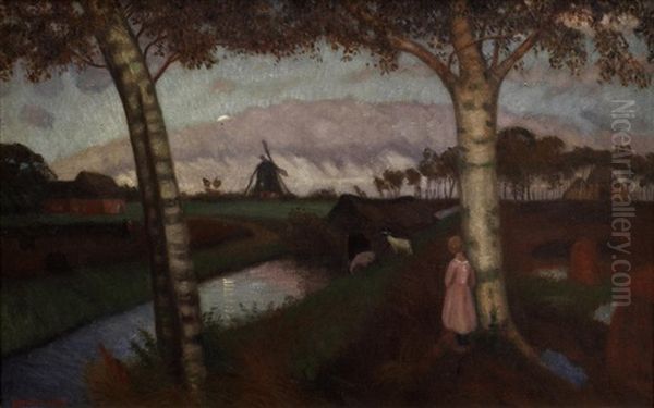 Mondaufgang, Weimar (girl Between Birch Trees) Oil Painting by Otto Modersohn