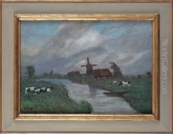 Landschaft An Der Wumme Mit Gehoft Und Windmuhle Bei Sturmischem Wetter Oil Painting by Otto Modersohn