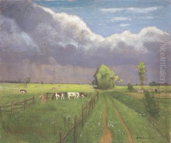 Fruhlingsgewitter Mit Kuhen Oil Painting by Otto Modersohn