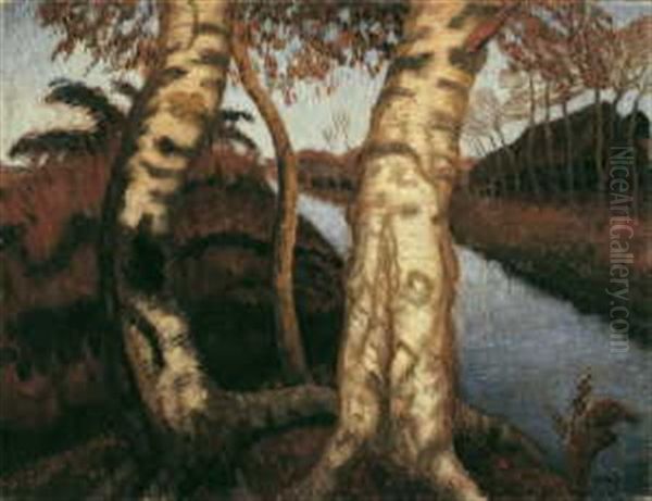 Birken Am Moorkanal (+ Dorfstrase In Fischerhude, C.1910, Verso) by Otto Modersohn