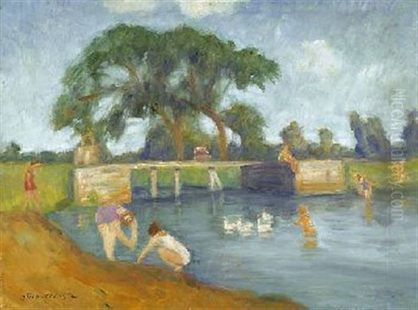 Badende An Der Wummeschleuse Oil Painting by Otto Modersohn