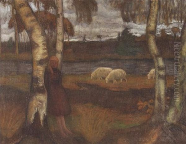 Herbst Im Moor (madchen Und Schafe Am Moorgraben) Oil Painting by Otto Modersohn