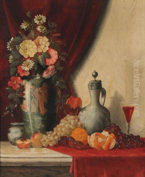 Stilleben Mit Weintrauben, Blumenvase Und Weinglas Oil Painting by Max Otto Beyer