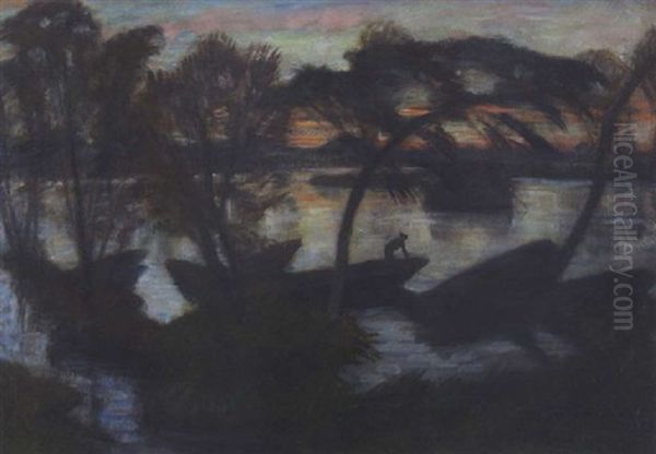 Abendlandschaft Mit Uberschwemmung (wumme Mit Booten) Oil Painting by Otto Modersohn