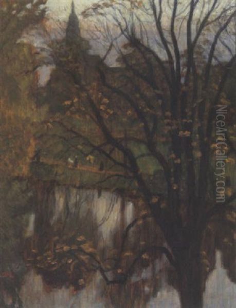 Herbsttag In Den Bremer Wallanlagen. Blick Von Der Contrescarpe Auf Stadtgraben Und Wall Oil Painting by Otto Modersohn