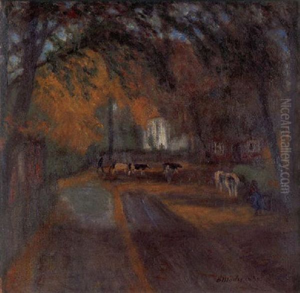 Dorfstrase Mit Viehtrieb Und Blick Auf Die Fischerfuder Kirche Oil Painting by Otto Modersohn