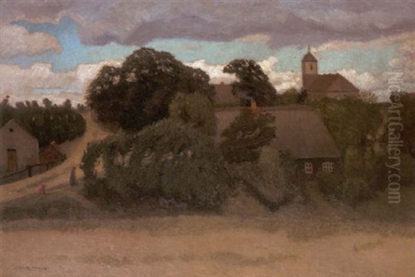 Sturmischer Sommertag Mit Worpsweder Kirche - Auf Dem Weg Bergan Eine Bauerin Mit Kleinem Madchen Oil Painting by Otto Modersohn