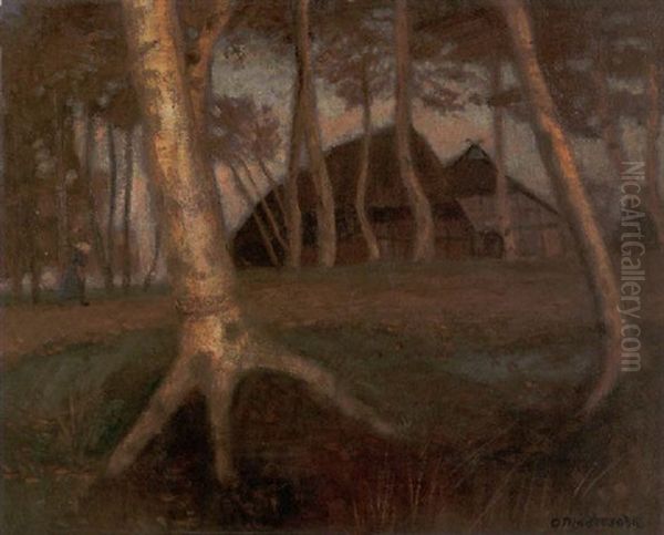 Herbstabend Im Moor - Hinter Birkenstammen, Die In Der Letzten Abendsonne Leuchten Oil Painting by Otto Modersohn